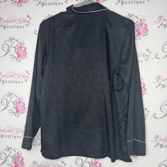 Victoria secret button down long sleeve shirt black VS logo print pockets pink - Picture 5 of 11